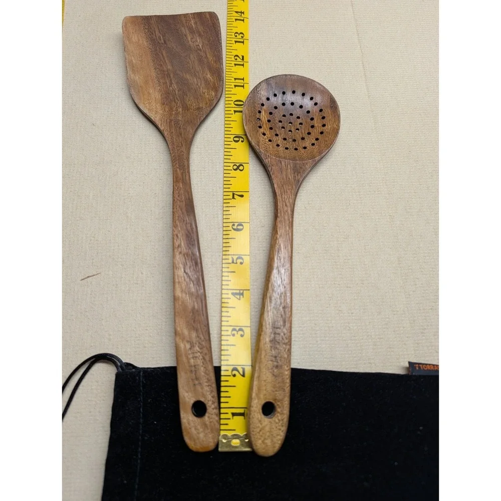 Aiuhi Wood Utensils Spatula & Slotted Spoon Teak Used But Lots Of Life Left